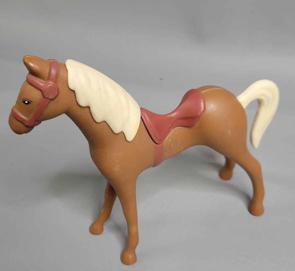 VTG Little Tikes Dollhouse Stable Barn Horse Pony Brown Tan W/Saddle Light Mane